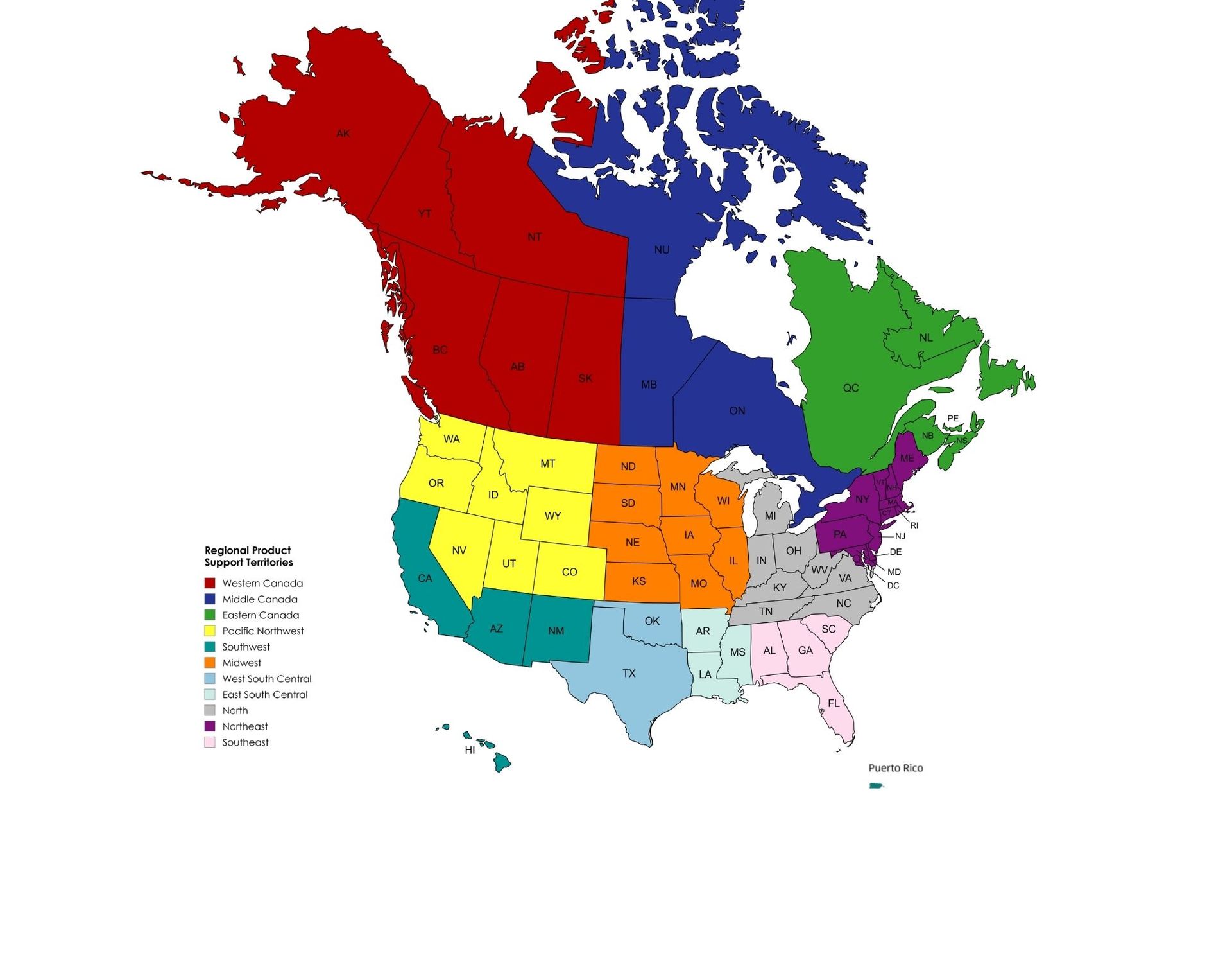 Map of the United States divided into color-coded regions, presumably for a weather service, with state abbreviations.