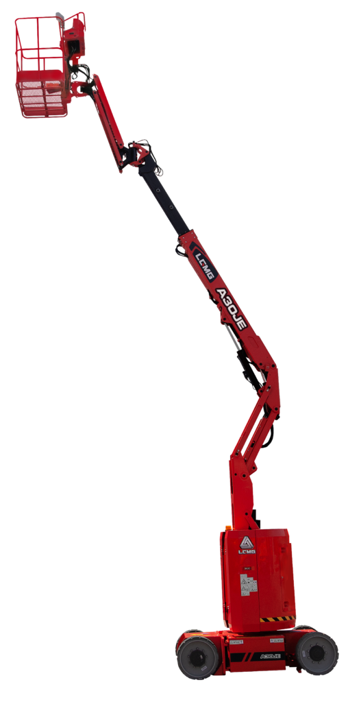 Red scissor electric lift raised high, red industrial work platform on wheels.
