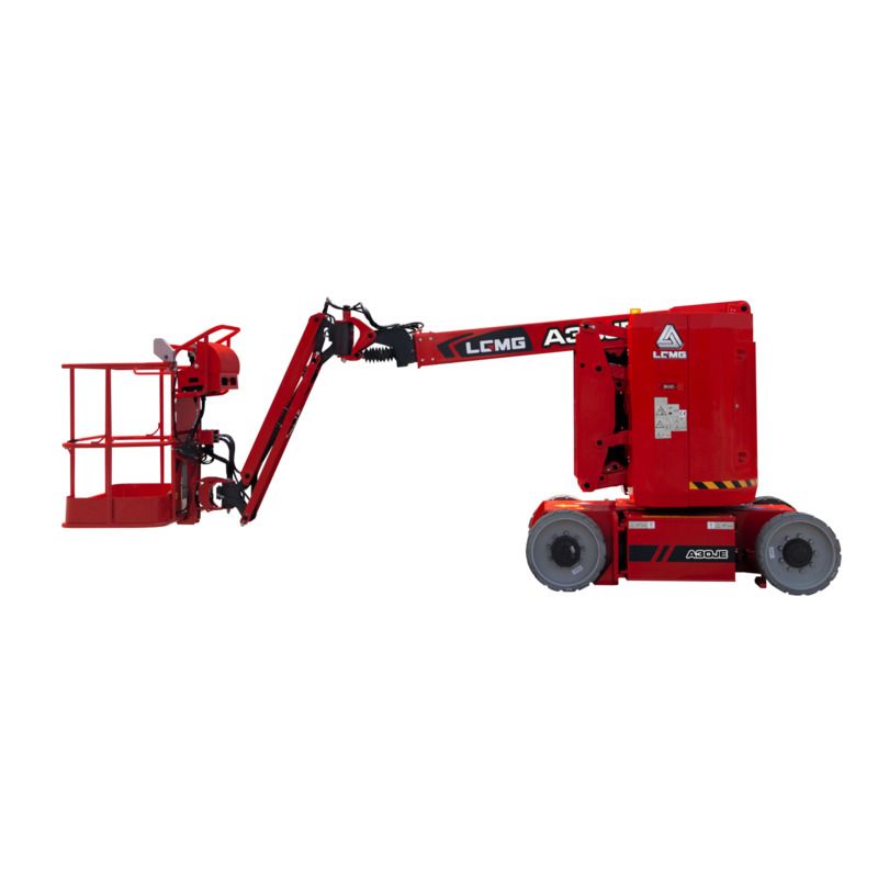 Red aerial work platform on white background.