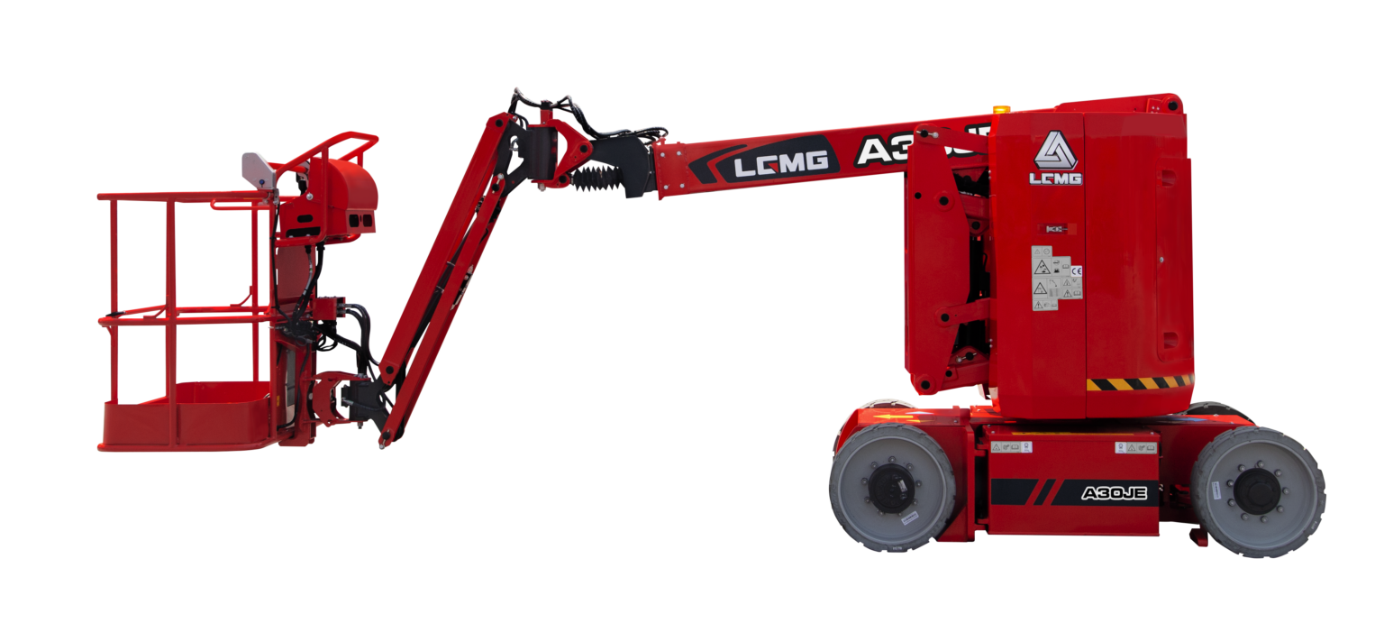 Red electric articulated boom lift with red work platform on white background