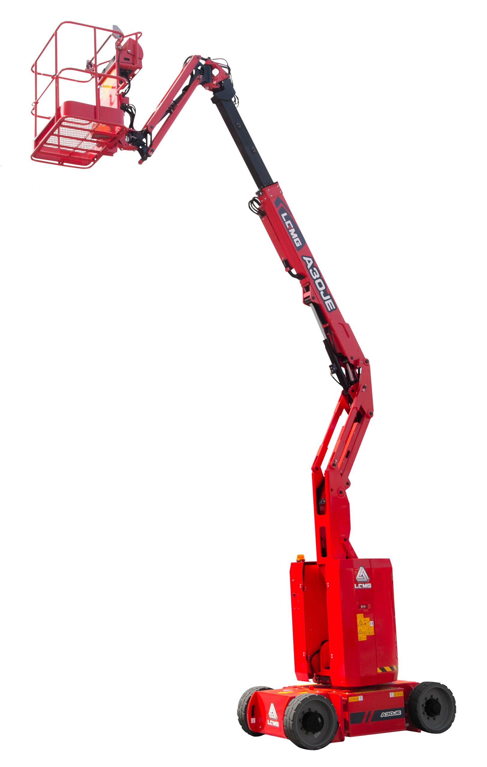 Red aerial lift with an extended arm, positioned against a white backdrop.