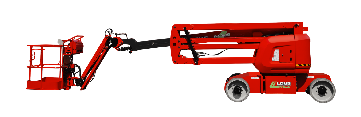 Red electric articulated boom lift with a small platform extended toward the left on a white background
