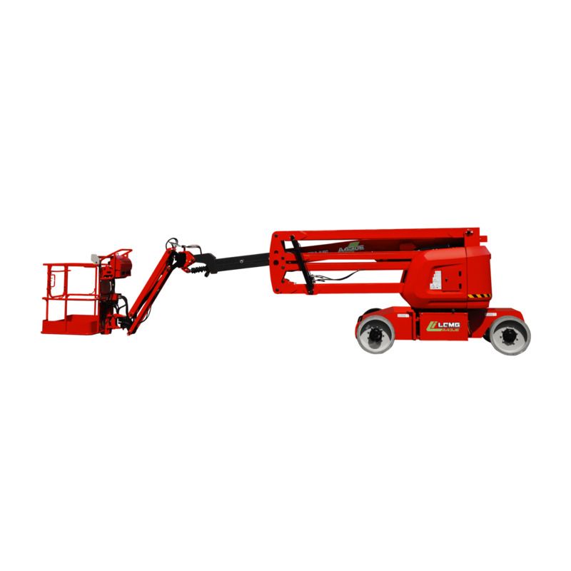 Red aerial work platform with a raised boom and personnel basket.