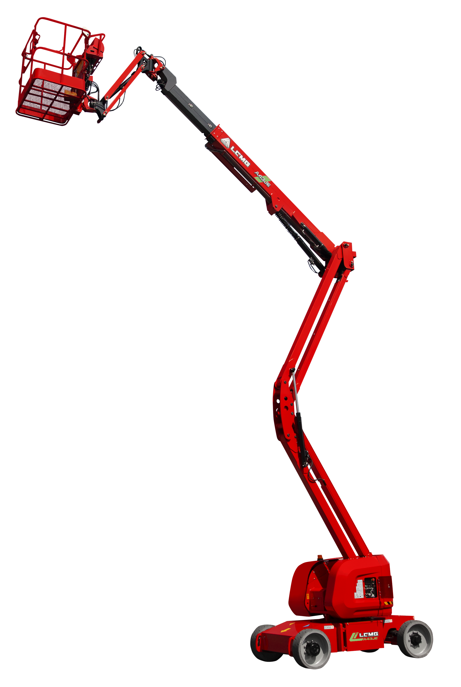 Red articulated boom lift with basket extended upwards.