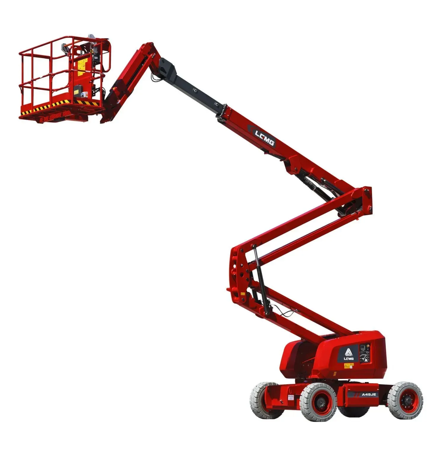 Red electric articulating boom lift with extended arm and work basket, isolated on white background