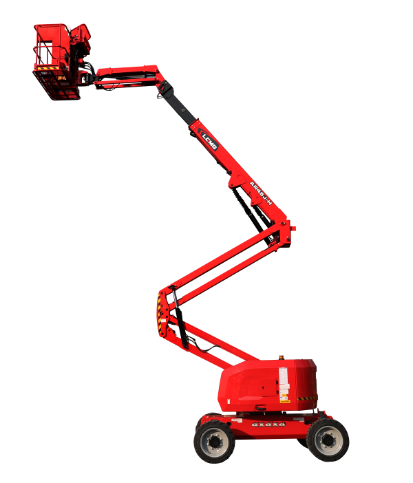 Red scissor electric lift raised high, red industrial work platform on wheels.