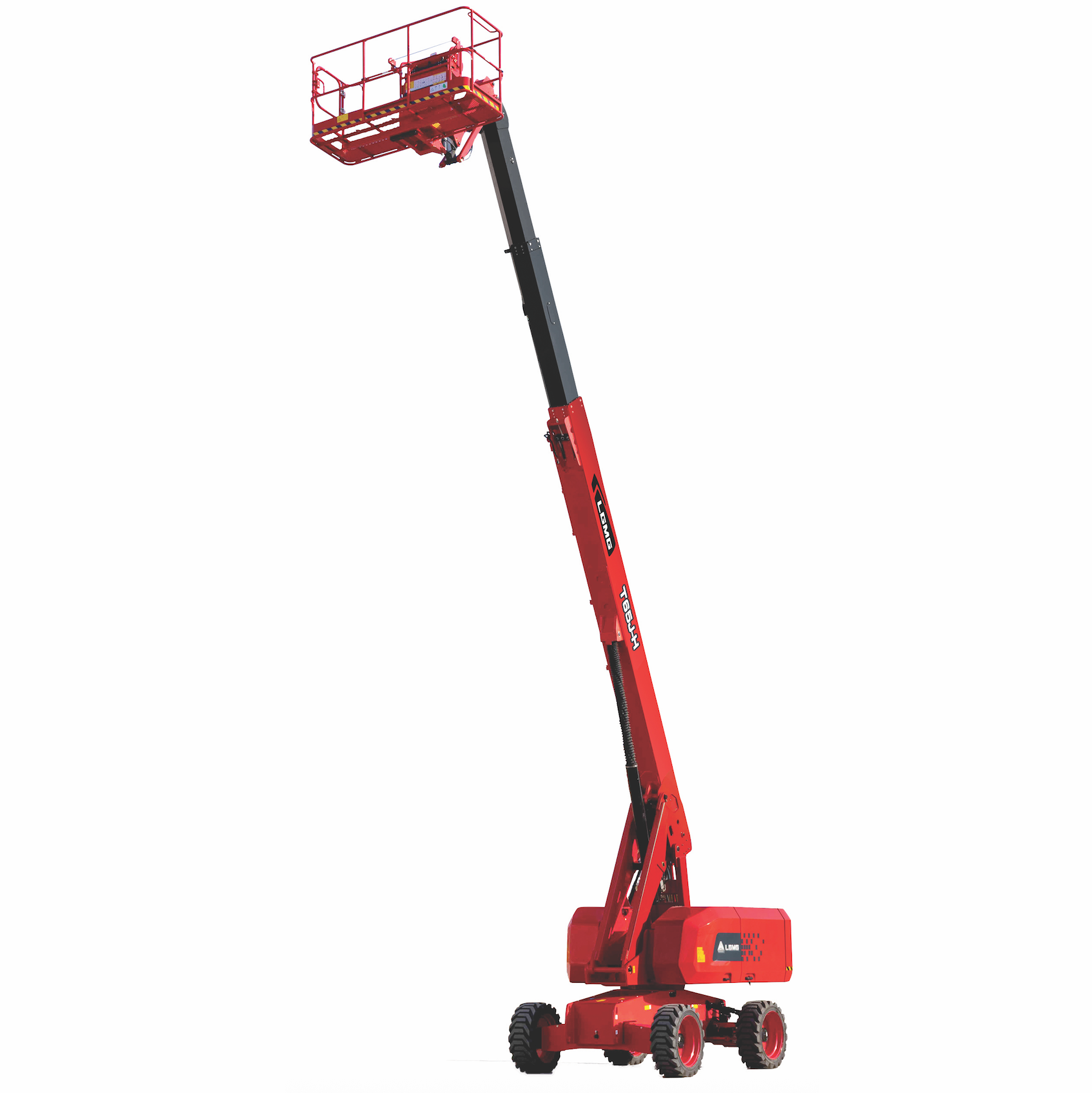 Red articulated boom lift extended upwards, with basket at the end, on a white background.