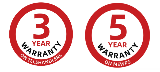 Two red warranty badges: 3-year warranty for Telehandler and 5-year warranty for MEWPs
