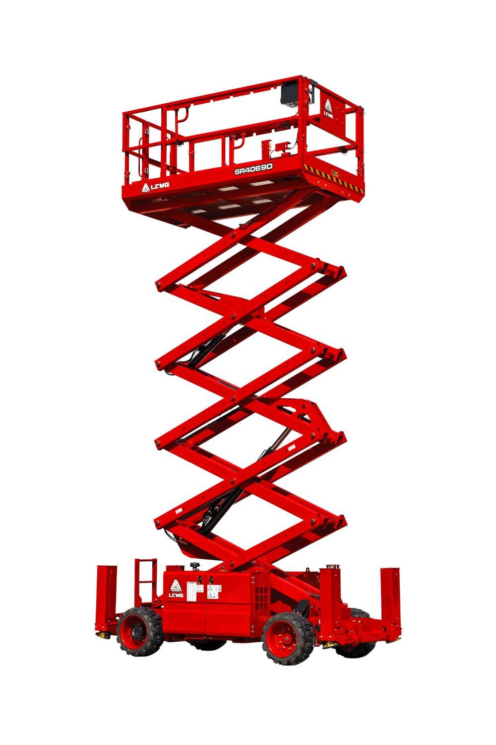Red scissor electric lift raised high, red industrial work platform on wheels.