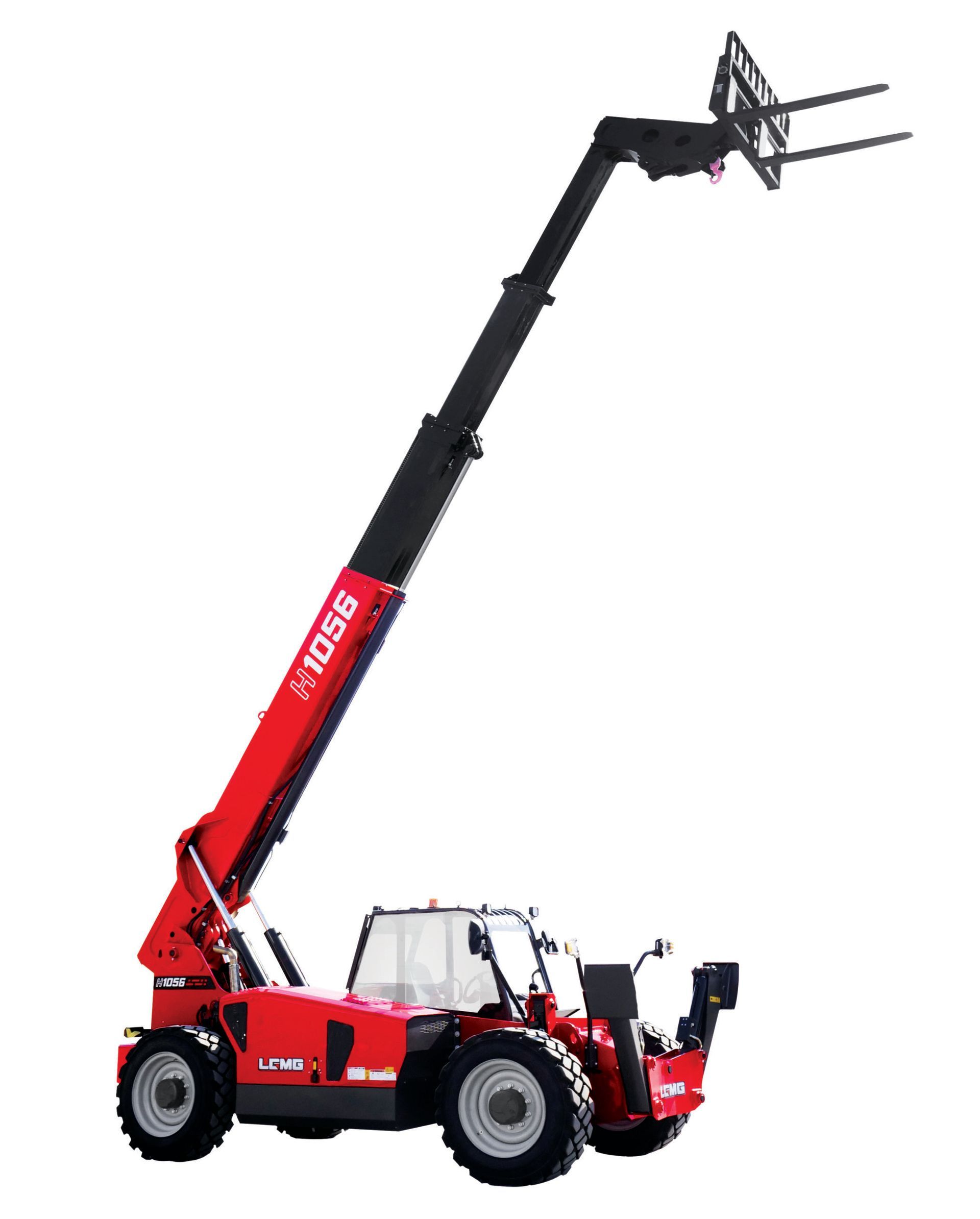 Red telehandler forklift with extended black boom and raised forks on a white background