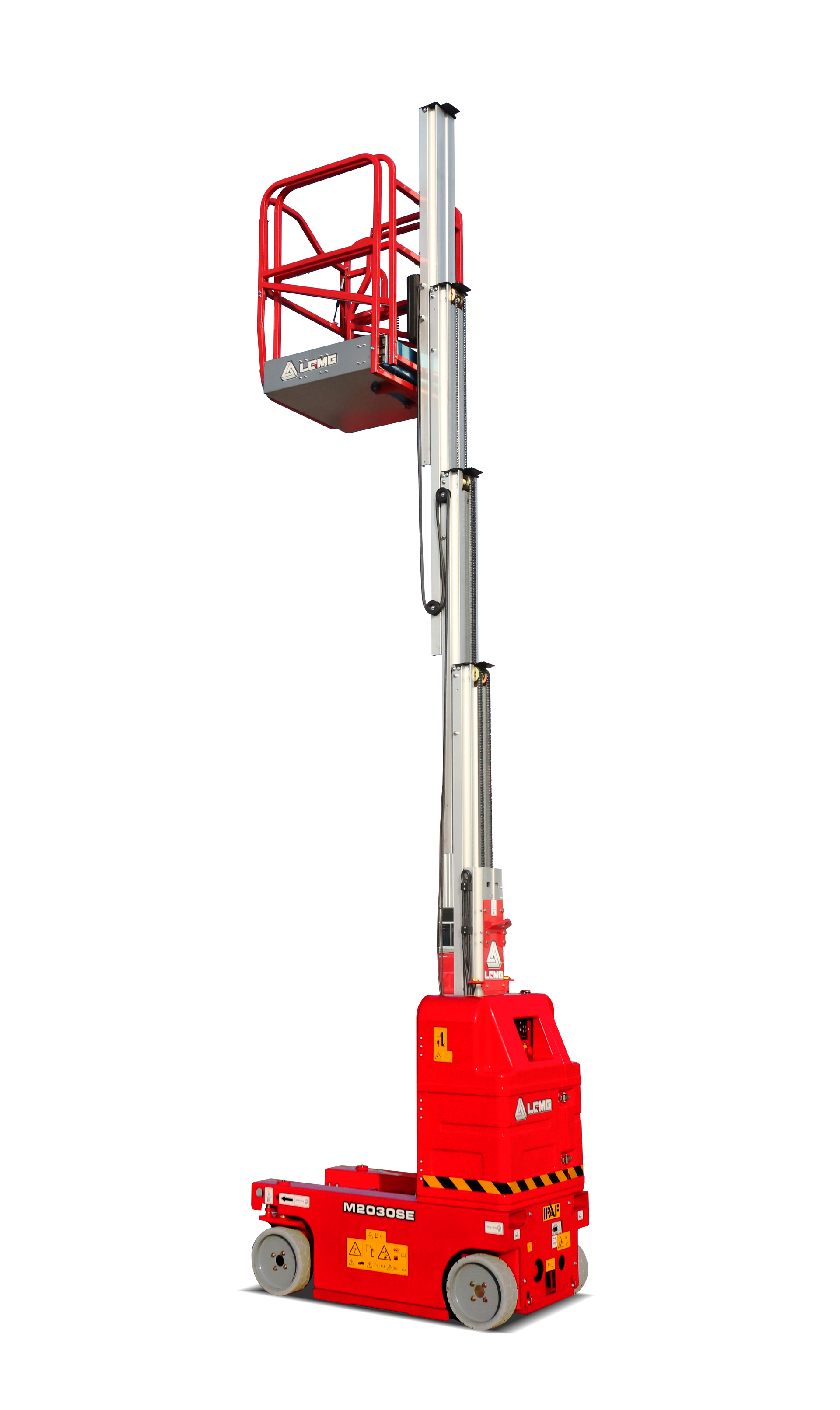 Red scissor electric lift raised high, red industrial work platform on wheels.