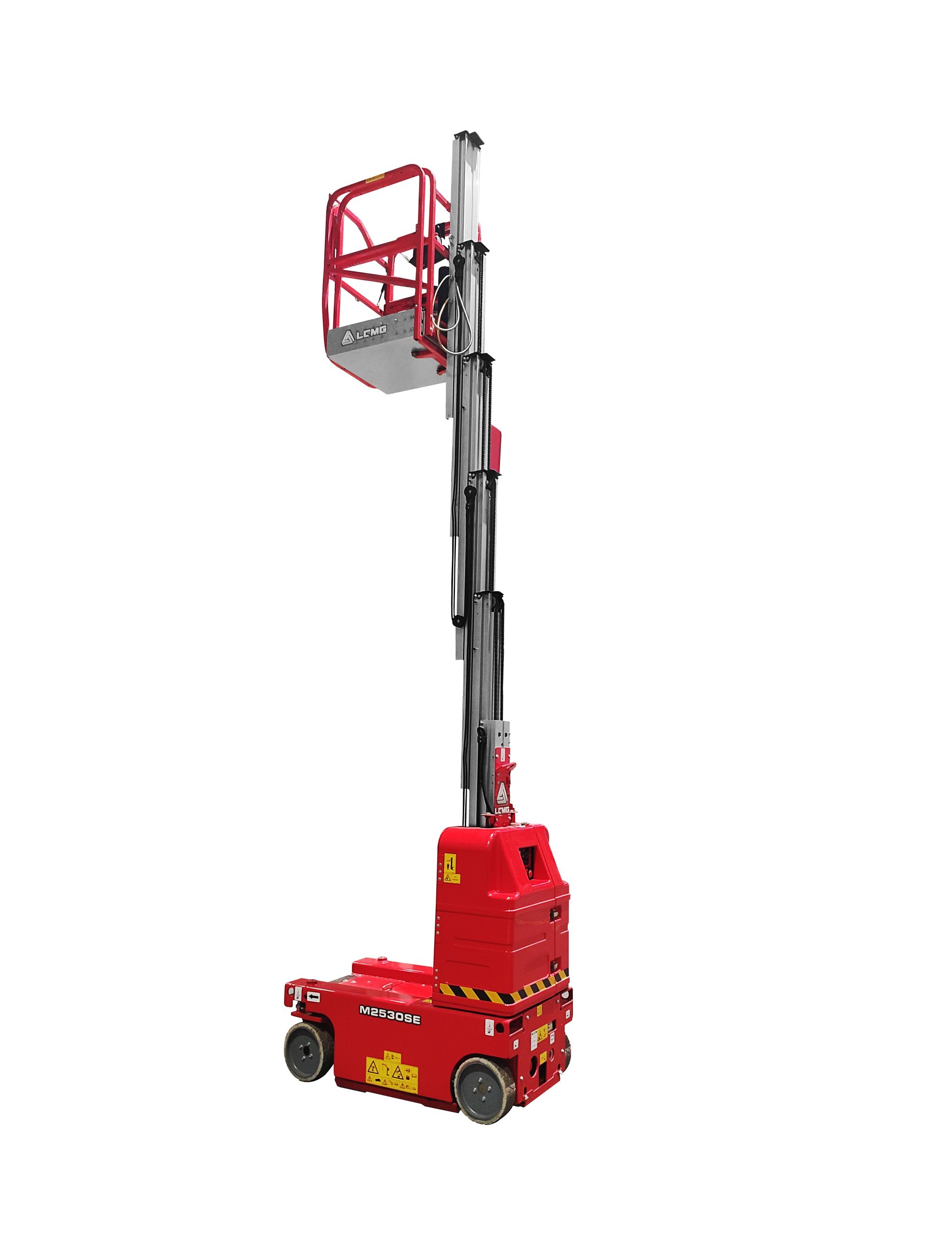Red compact electric vertical mast lift with raised work basket on a white background