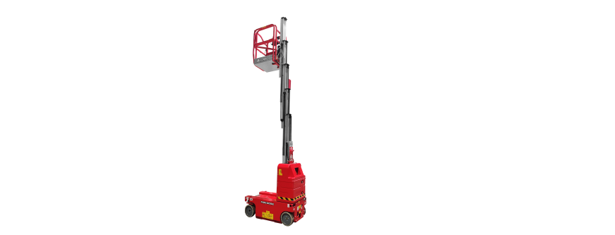 Red scissor electric lift raised high, red industrial work platform on wheels.