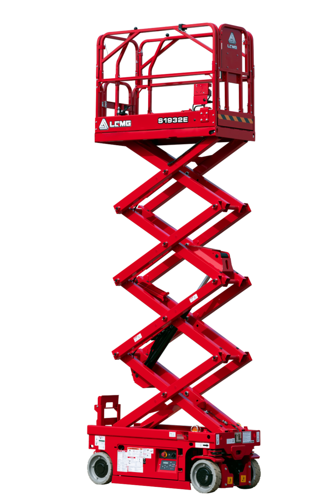 Red scissor electric lift raised high, red industrial work platform on wheels.