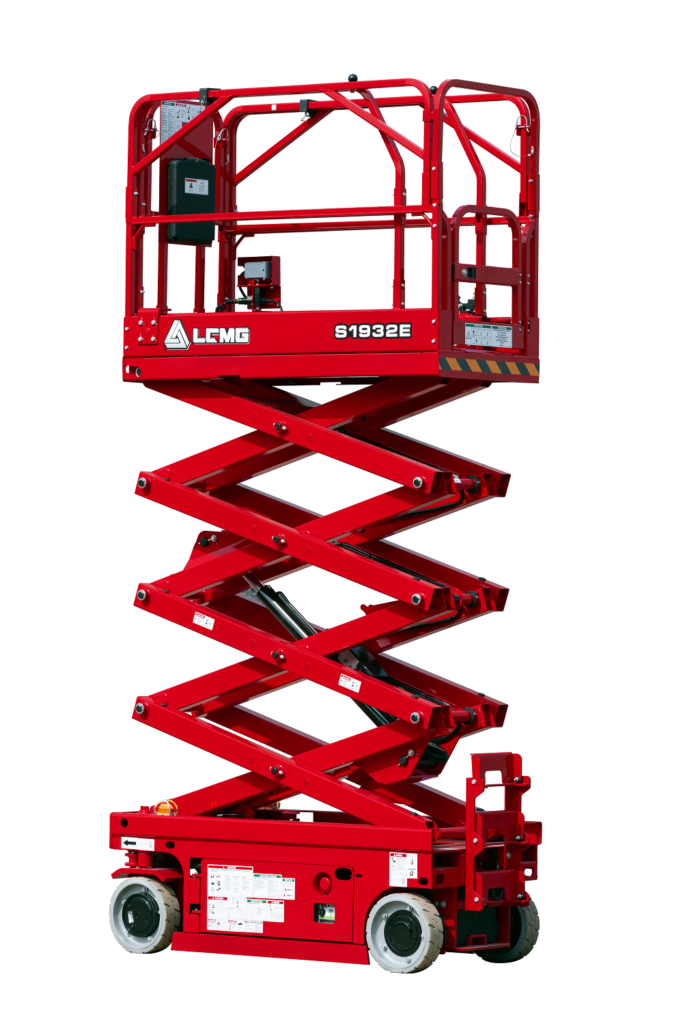 Red electric scissor lift raised high, red platform and wheels on a white background