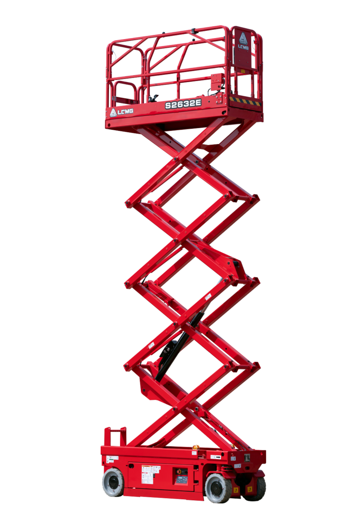 Red scissor electric lift raised high, red industrial work platform on wheels.