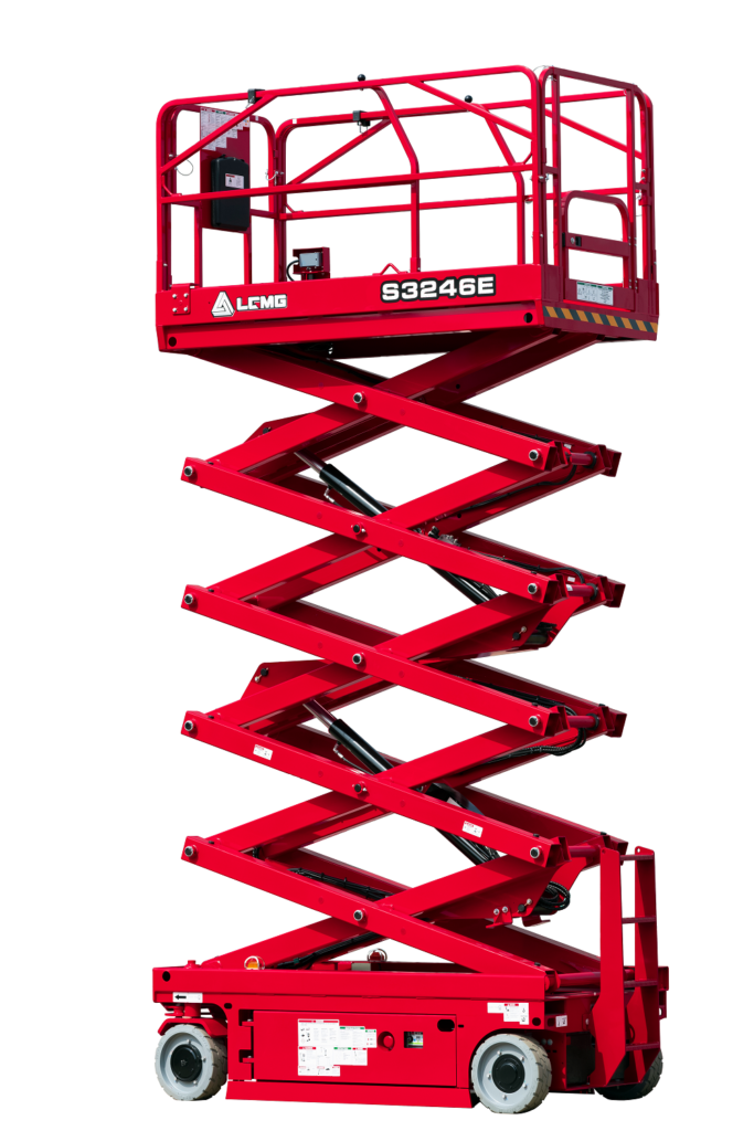 Red scissor electric lift raised high, red industrial work platform on wheels.