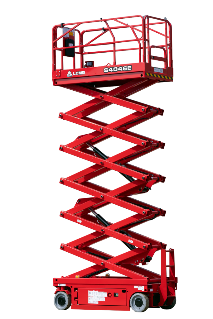 Red electric scissor lift raised high, with red guardrails and wheels on the base.