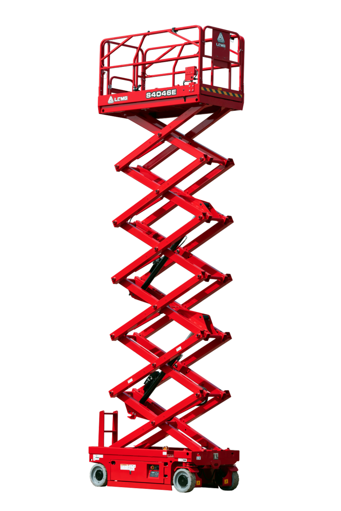 Red scissor electric lift raised high, red industrial work platform on wheels.