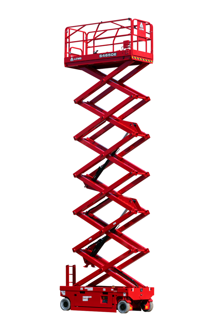 Red electric scissor lift raised high with red safety railings on white background