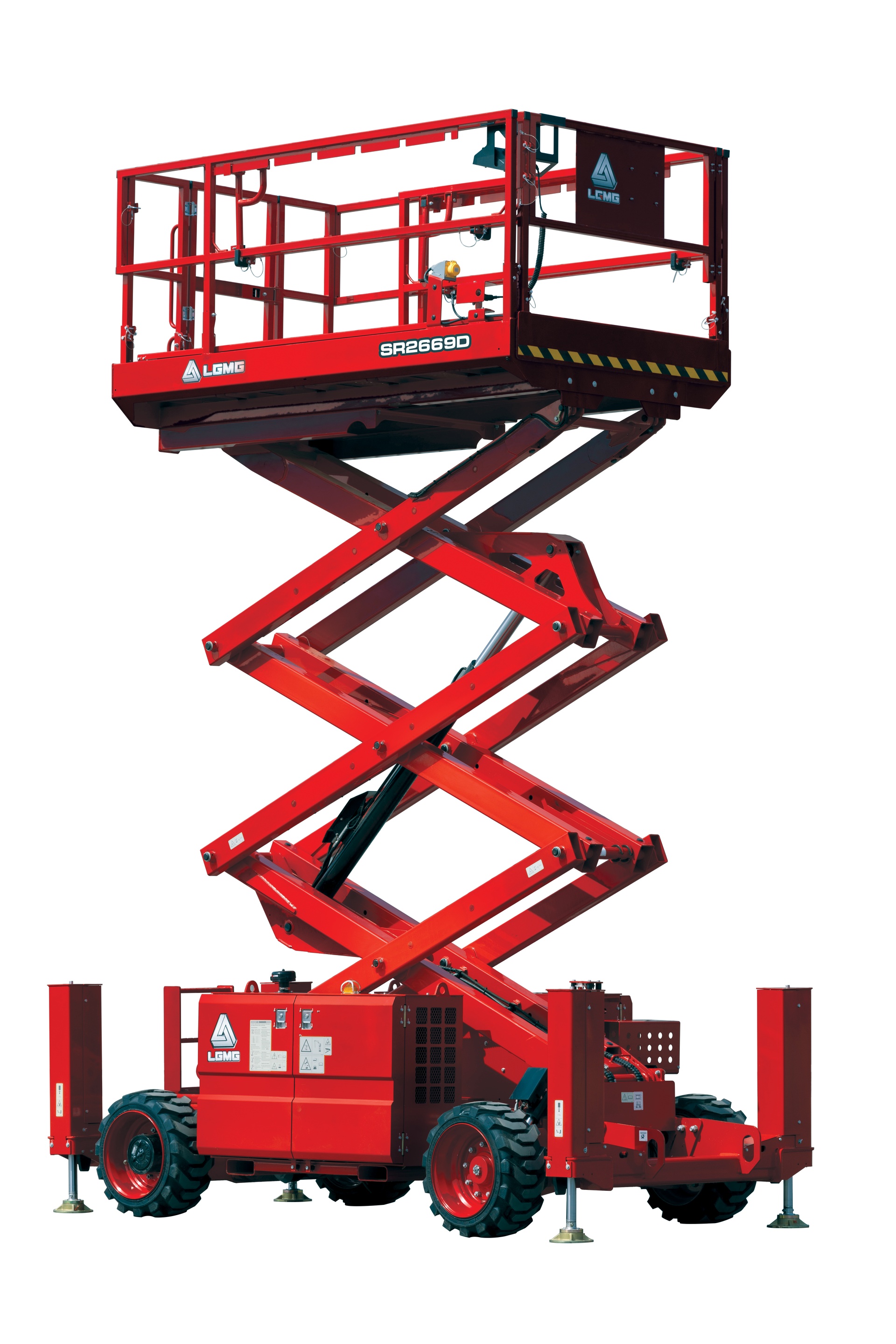 Red scissor electric lift raised high, red industrial work platform on wheels.