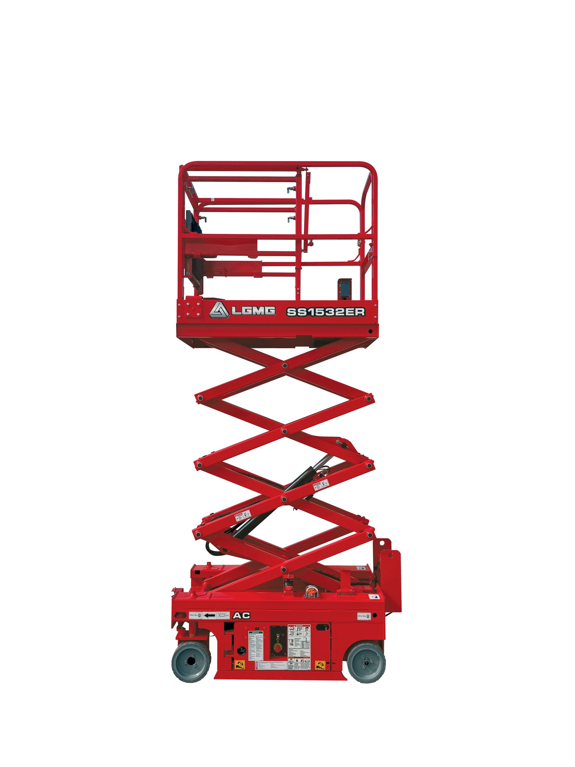 Red scissor electric lift raised high, red industrial work platform on wheels.