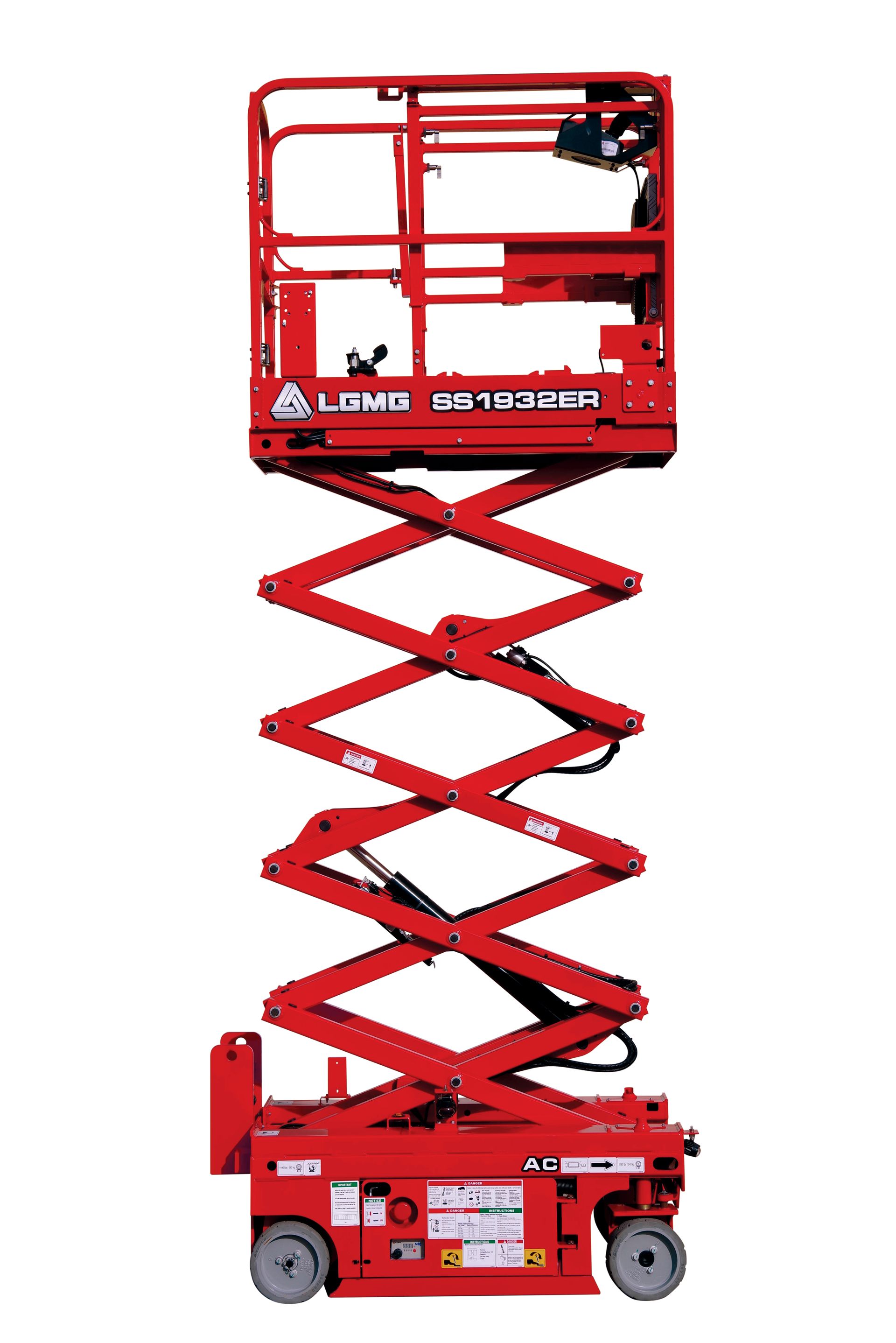 Red electric micro scissor lift raised high, red platform and base on white background