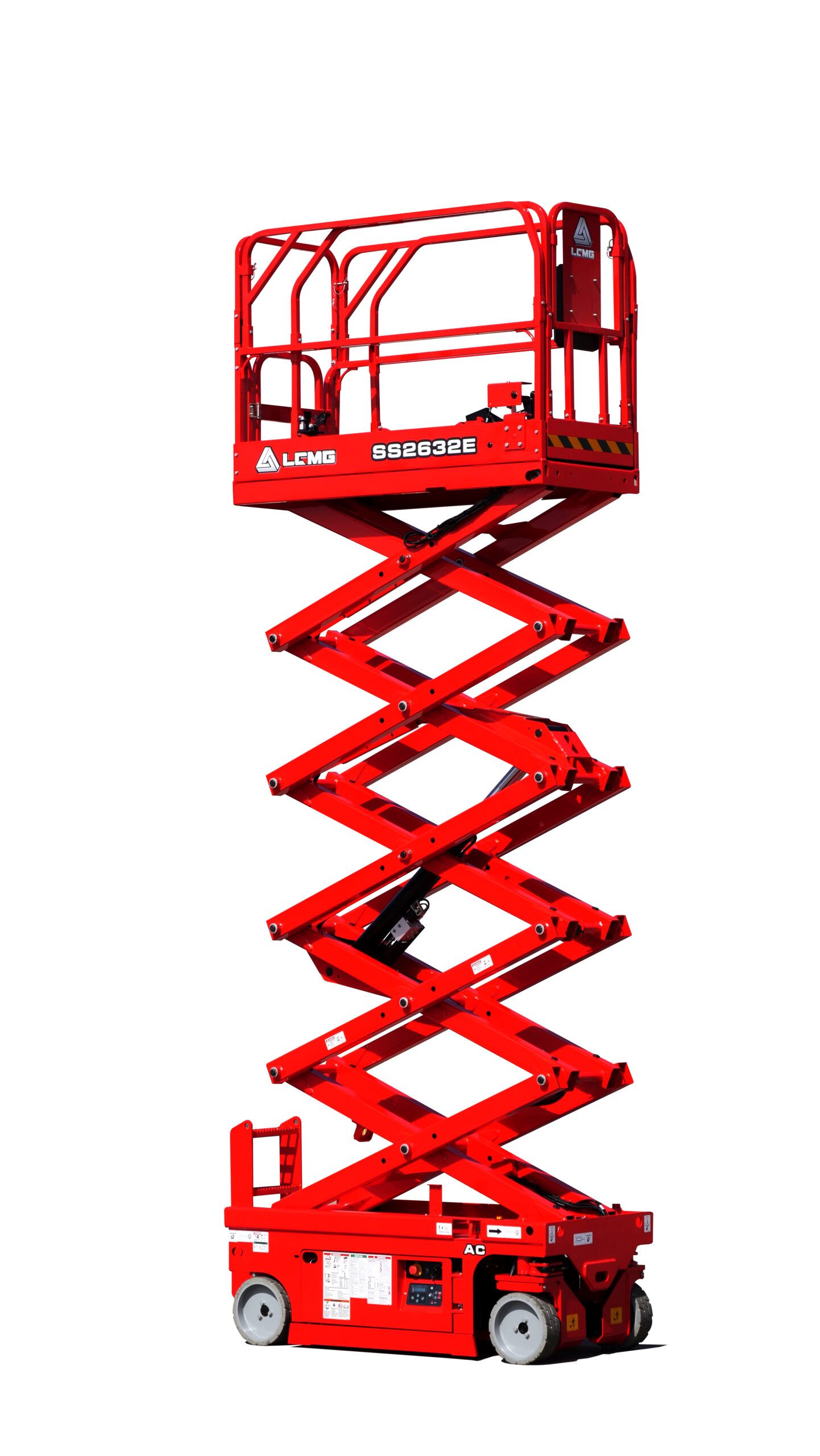 Red scissor lift with a safety cage, on a white background.
