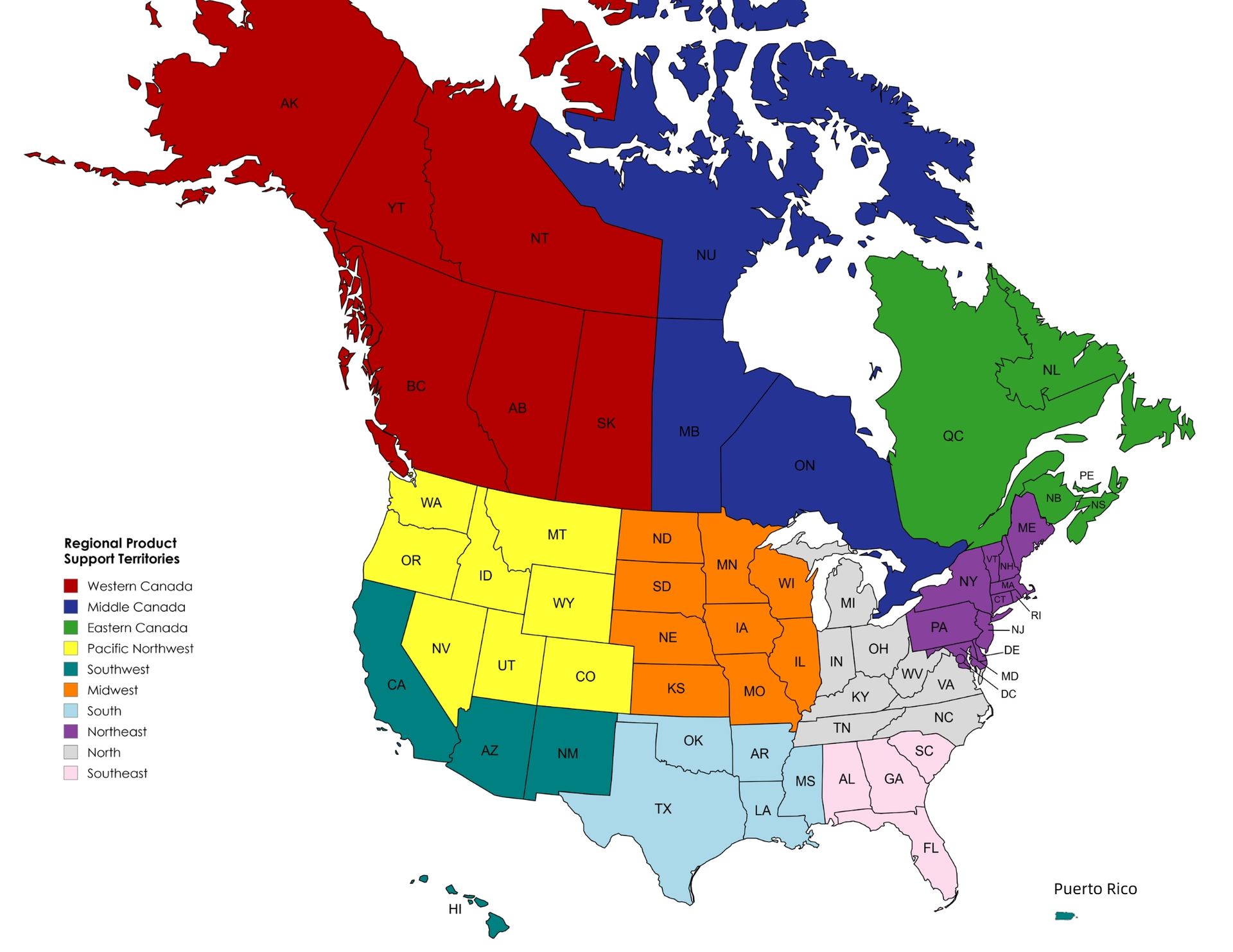 Map of the United States divided into color-coded regions, presumably for a weather service, with state abbreviations.