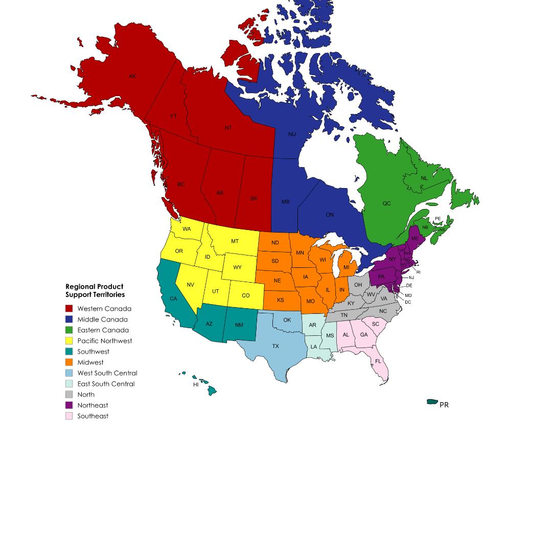 Map of the United States divided into color-coded regions, presumably for a weather service, with state abbreviations.