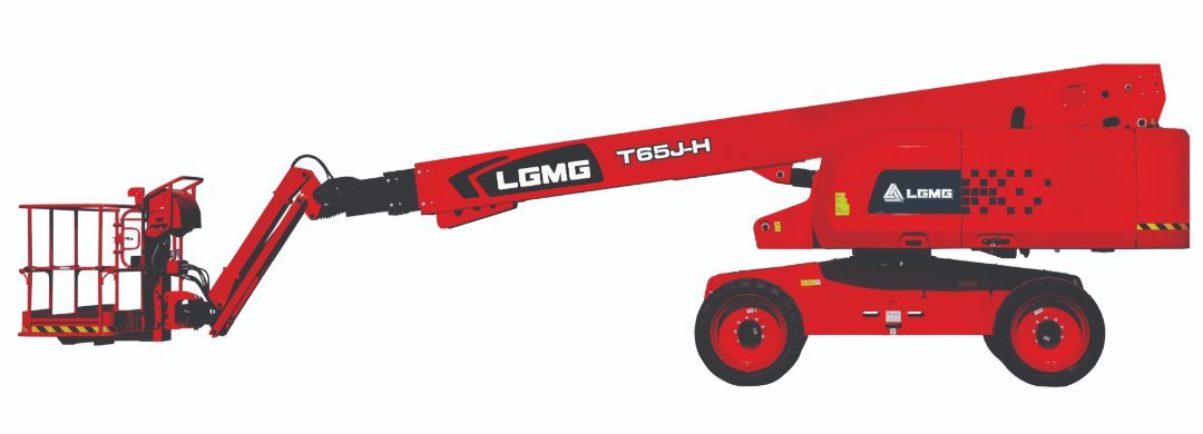 Red LGMG T60J-II aerial lift on wheels, extended towards the left.