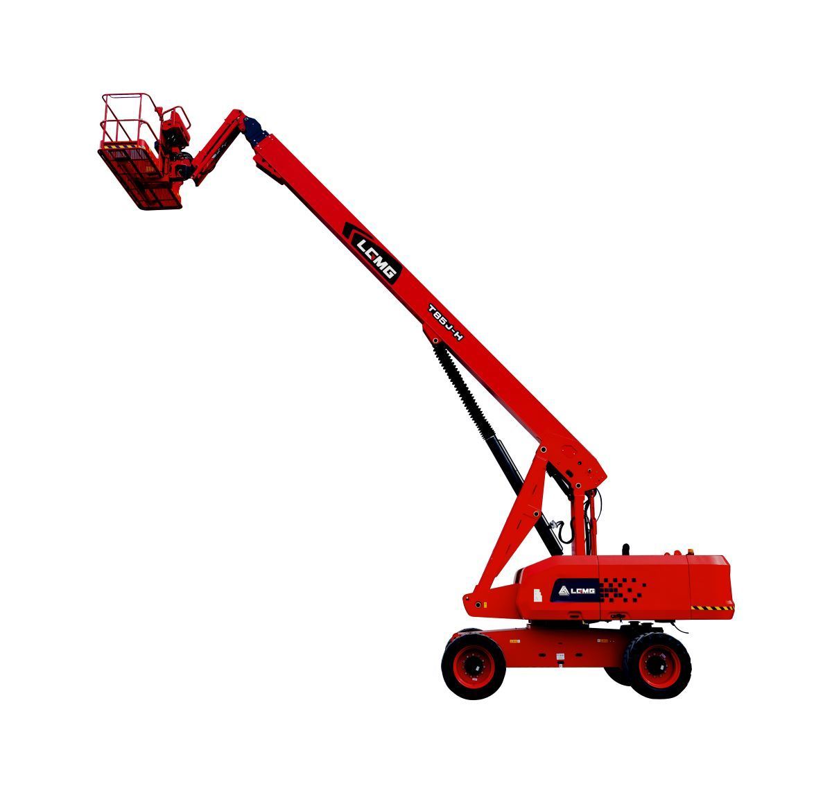 Red diesel telescopic boom lift with basket extended upward on white background