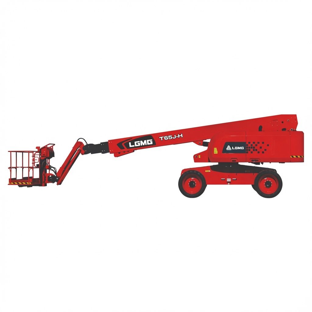 Red LLMG T60-J II telescopic boom lift with extended arm and basket, on white background.