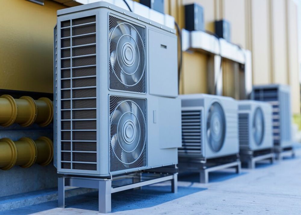 Row of outdoor industrial air conditioning units beside a building, with one large unit in the foreground