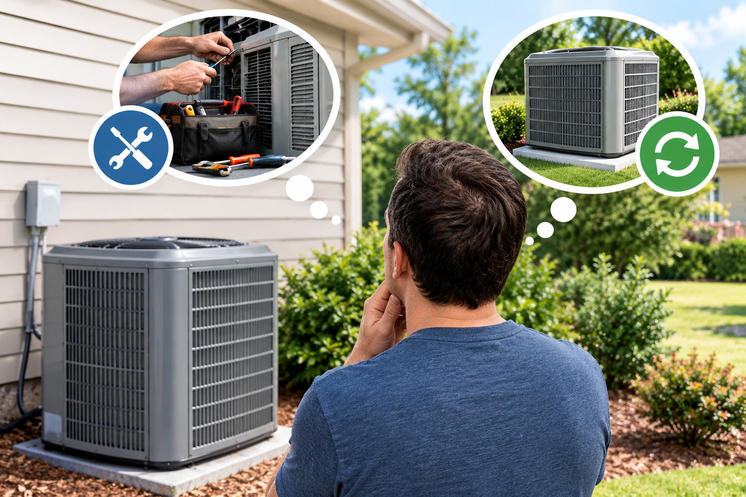 Man standing by an outdoor AC unit, thinking about repair and replacement options