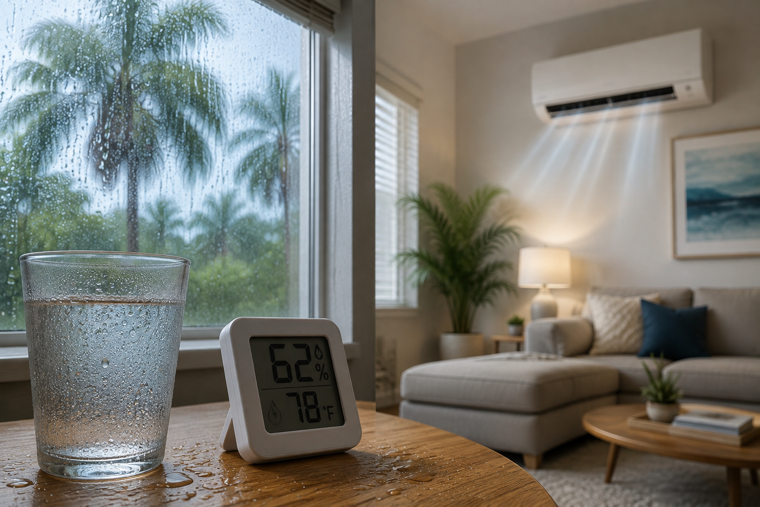 Living room with air conditioner, digital thermostat, glass of water, and palm trees outside the window