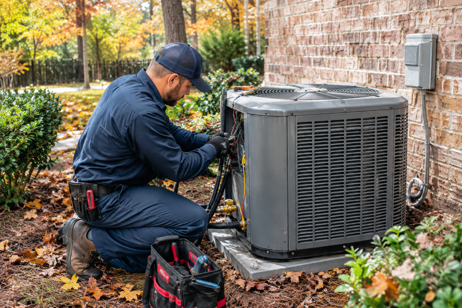 Technician servicing outdoor HVAC unit beside a brick house in autumn.