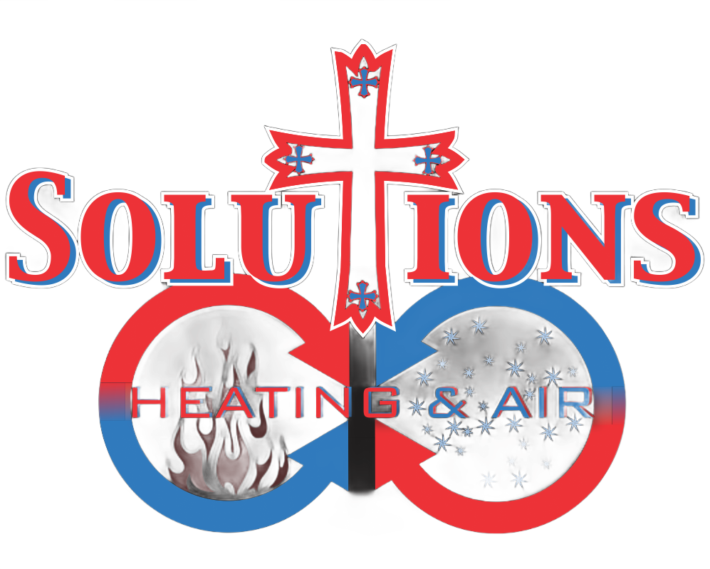 Solutions Heating & Air logo with red-blue cross and infinity symbol, plus fire and snowflake icons