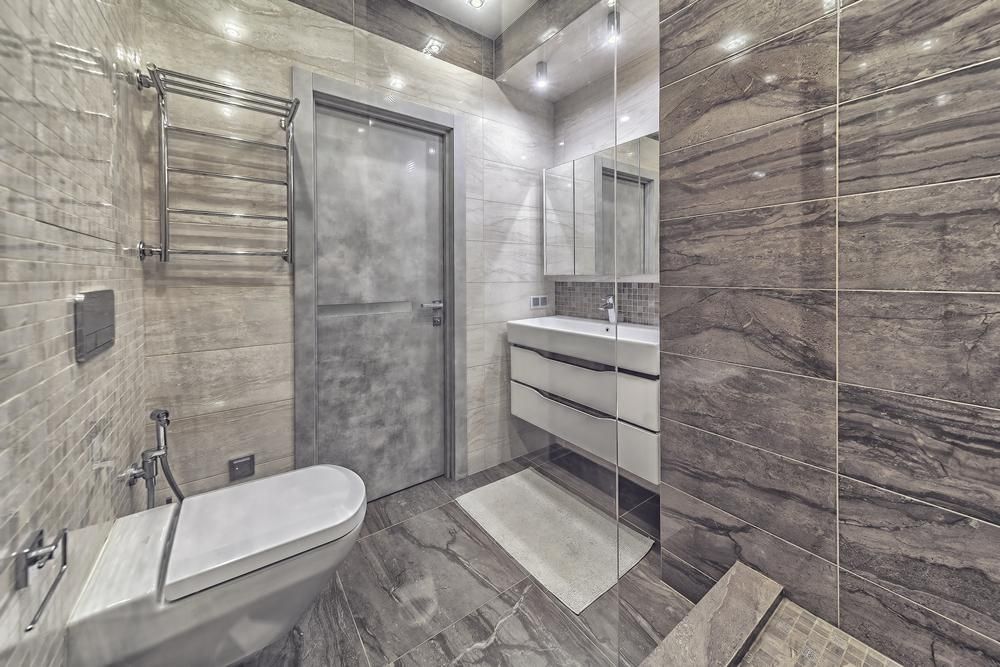 A Bathroom with A Toilet, Sink, and Walk in Shower — Distinctive Glass In Forster, NSW
