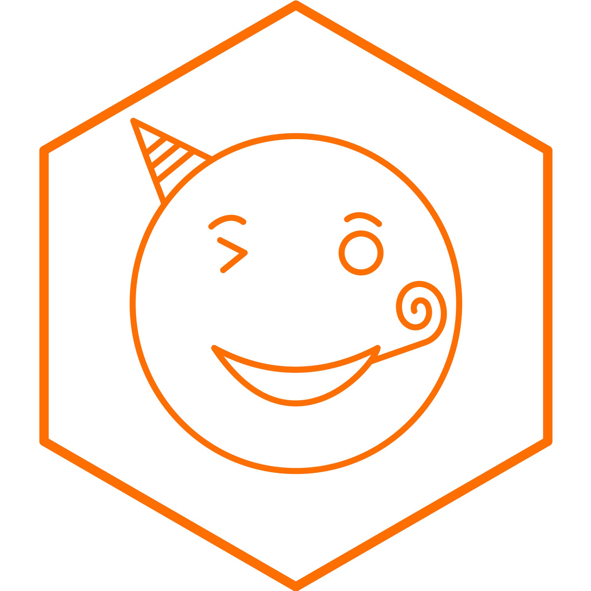 Un'icona contornata di arancione raffigurante una faccina sorridente ammiccante con un cappellino da festa, racchiusa in un esagono.