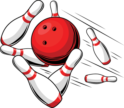 Una palla da bowling rossa colpisce un gruppo di birilli, facendoli volare in direzioni diverse.