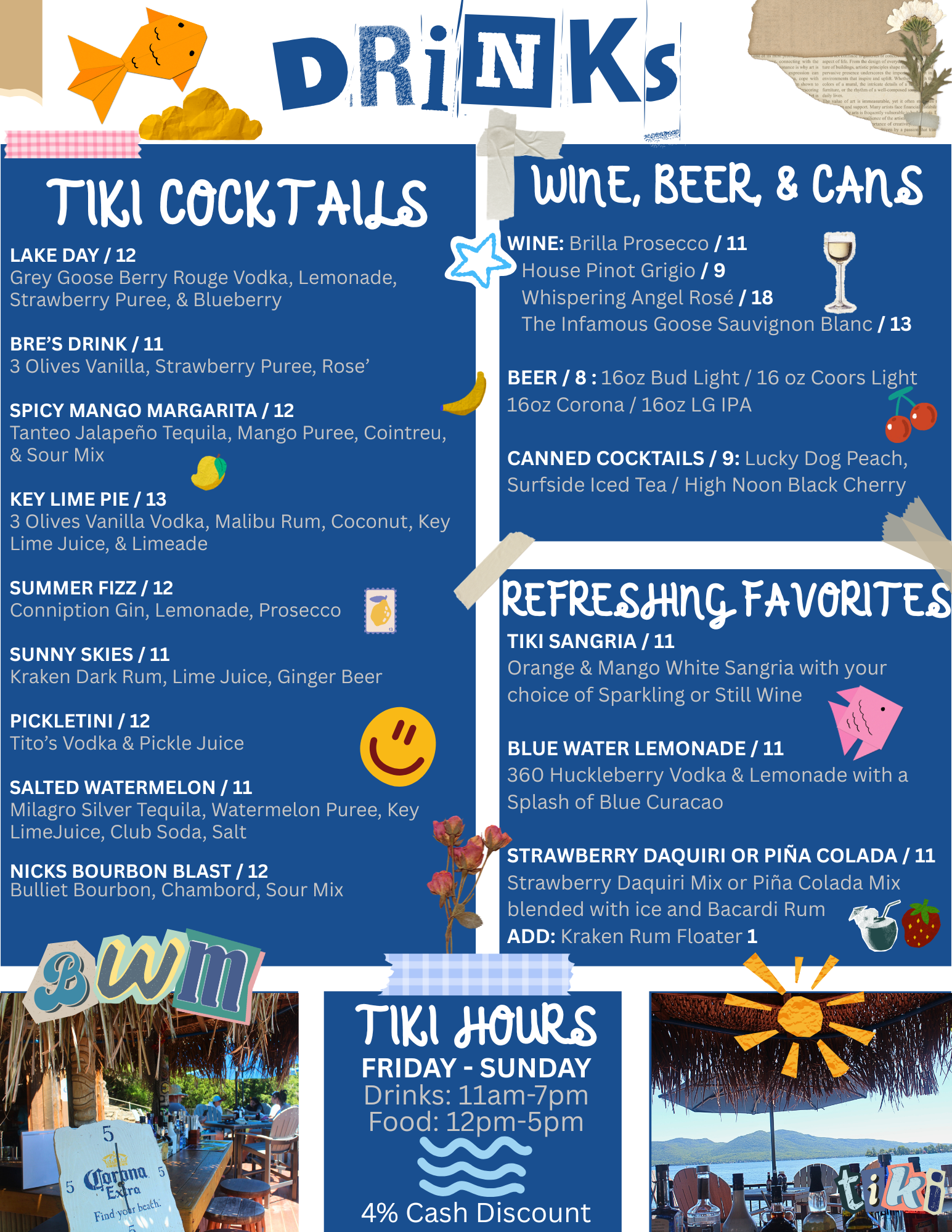 Blue tropical drinks menu poster with cocktail, wine, beer, and tiki hours sections, plus beach photos and icons