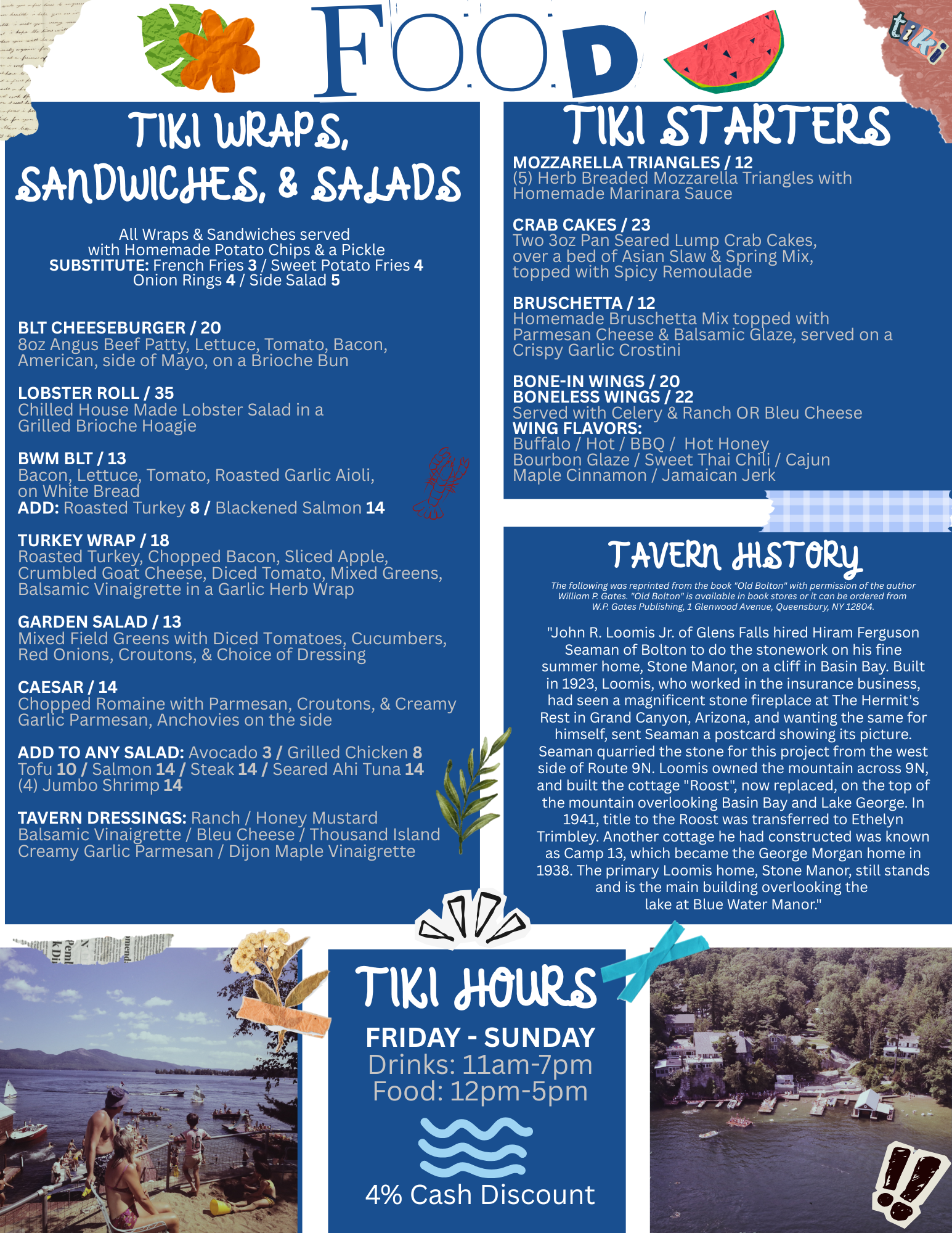 Blue tiki bar menu with food, starters, and happy hour specials beside beach photos