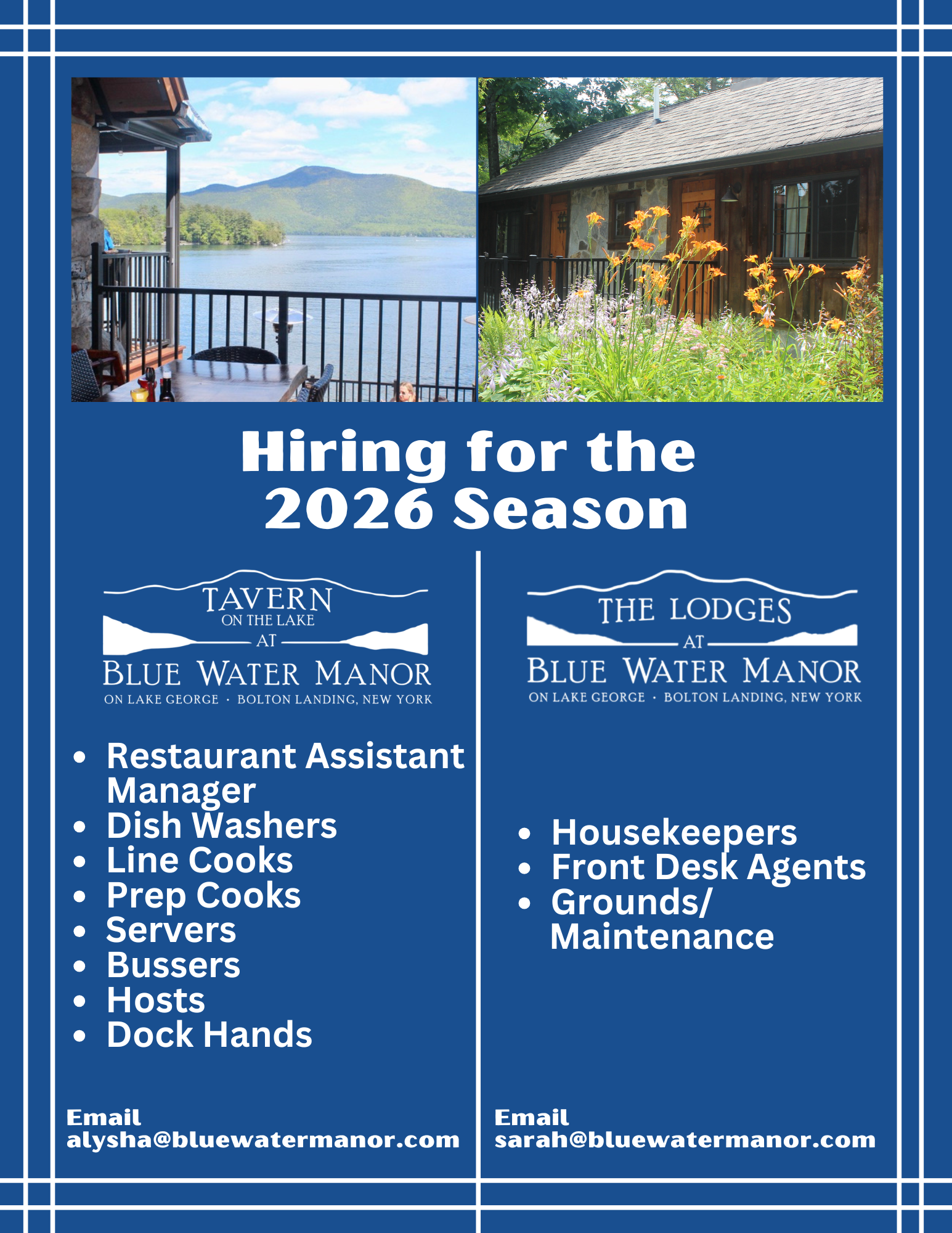 Blue Water Manor hiring flyer for 2026 season with lakeside resort photo and job openings listed.