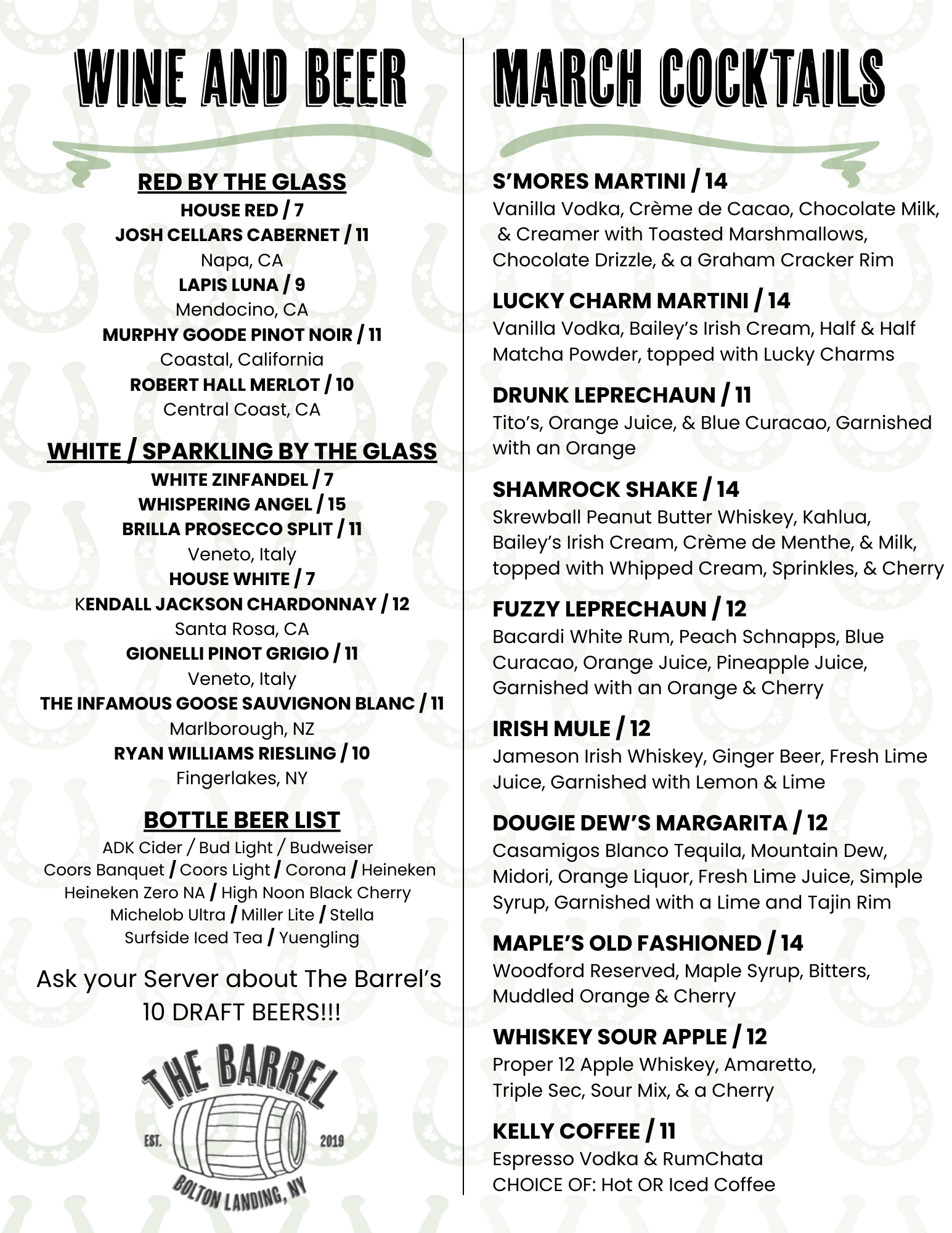 Cocktail bar menu with wine and beer on left and March cocktails on right, black text on white