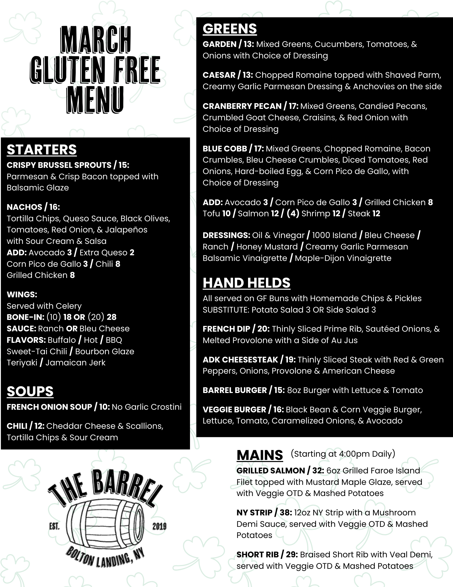 Black-and-white March gluten-free menu with starters, soups, greens, hand-helds and mains.