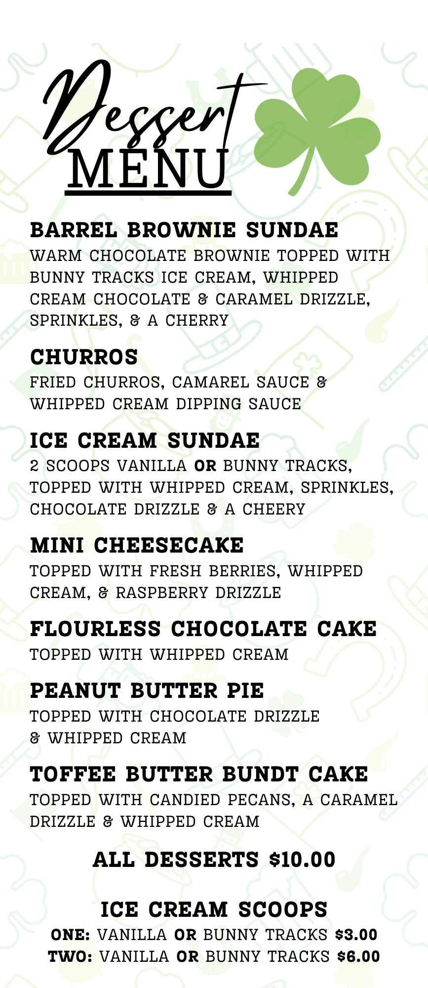 Dessert menu with white background and green clover accents listing brownies, sundae, cheesecake, cake, and cookies