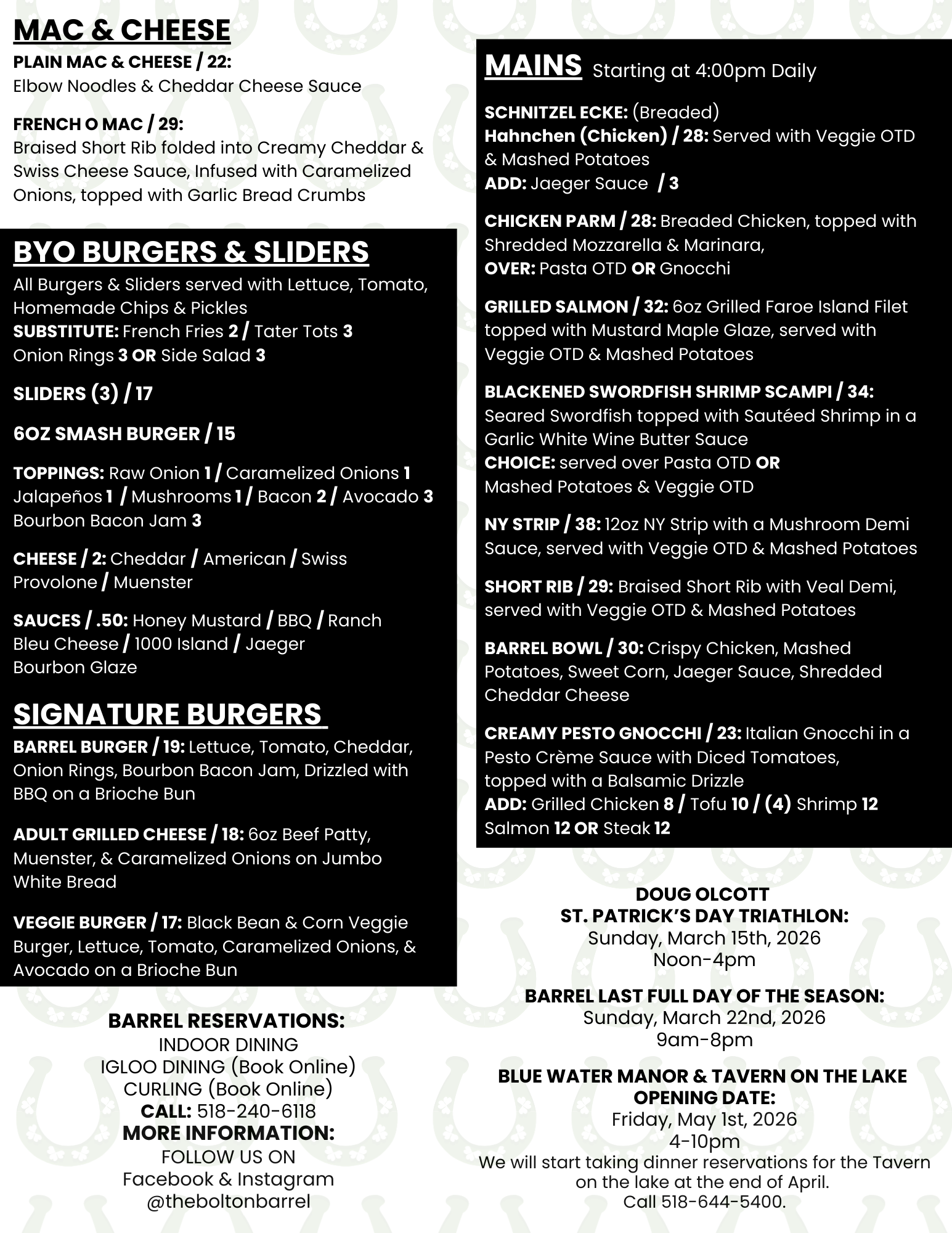 Restaurant menu board with black-and-white sections for mac & cheese, burgers, and mains, plus daily specials.