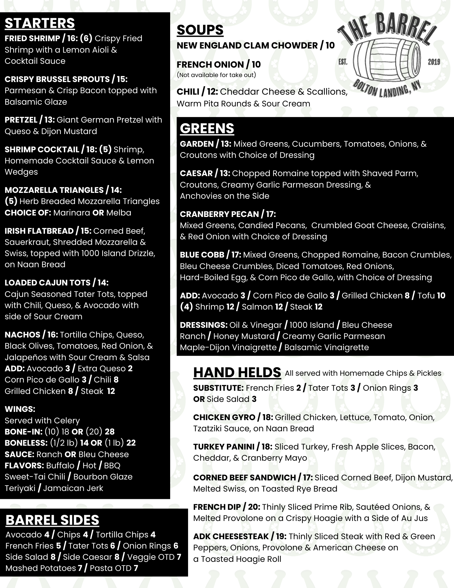 Black-and-white restaurant menu for The Barrel with starters, soups, burgers, handhelds, and sides.