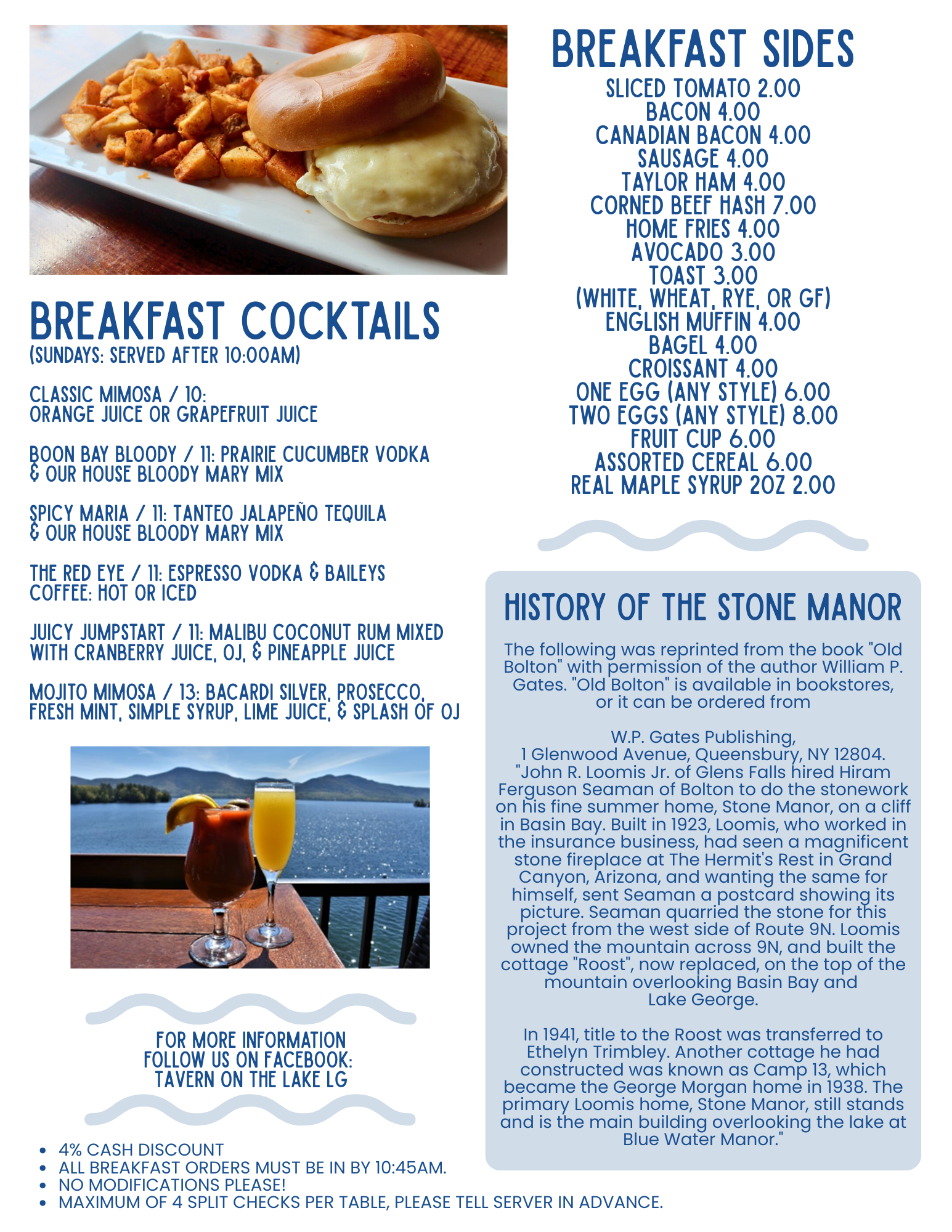 Breakfast menu with cocktails, sides, and a history section, plus a photo of a Bloody Mary drink